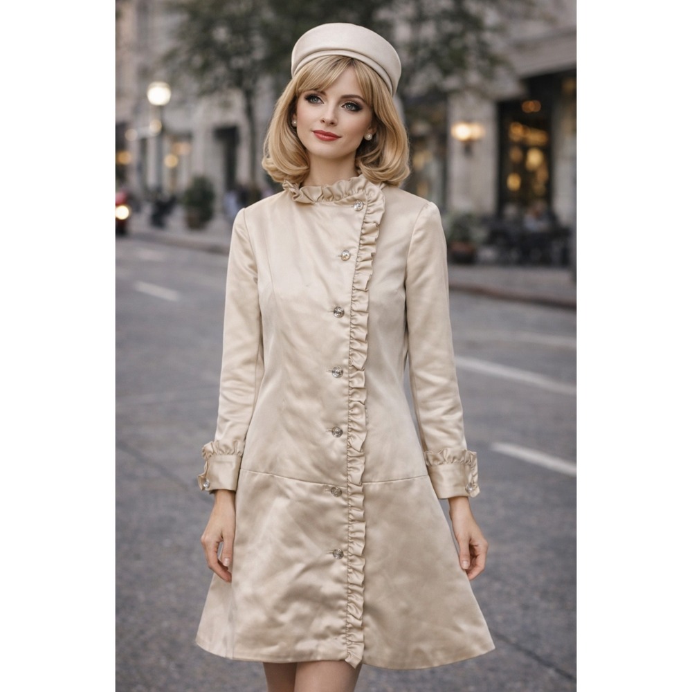 Vintage Peacoat Size 10 Ivory Ruffle Trim Crystal Button Long Sleeve‎ 1960s